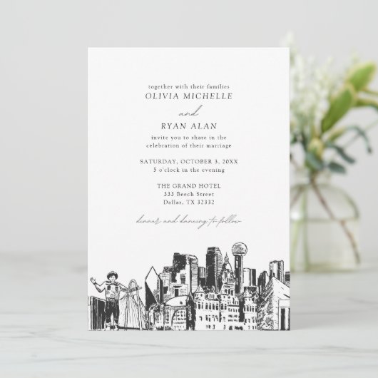 Moderne Dallas Texas Skyline Black & White Wedding Einladung (Stehend Vorderseite)