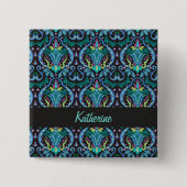 Moderne Damask Art Deco Schwarz Türkis Blauer Name Button (Vorderseite)