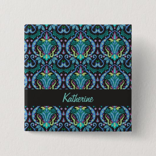 Moderne Damask Art Deco Schwarz Türkis Blauer Name Button (Vorderseite)