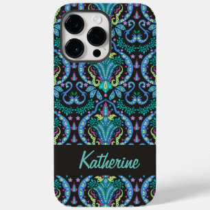 Moderne Damask Art Deco Schwarz Türkis Blauer Name Case-Mate iPhone 14 Pro Max Hülle