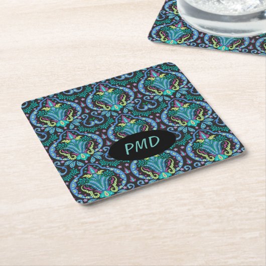 Moderne Damask Art Deco Schwarz Türkis Blauer Name Rechteckiger Pappuntersetzer (angewinkelt)