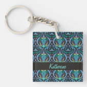 Moderne Damask Art Deco Schwarz Türkis Blauer Name Schlüsselanhänger (Vorderseite)