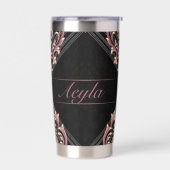 Moderne Damask Rose Gold und Glitzer Monogramm Thermobecher (Links)