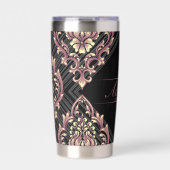 Moderne Damask Rose Gold und Glitzer Monogramm Thermobecher (Vorderseite)