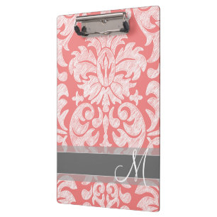 Moderne Damast-Lace-Muster - Korallenrot und Grau Klemmbrett