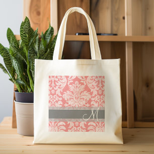 Moderne Damast-Lace-Muster - Korallenrot und Grau Tragetasche
