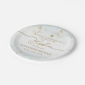 Moderne Dankbarkeit Blue Gold Cross Boy Taufe Pappteller (Schrägansicht)