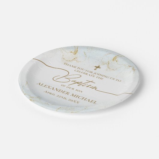 Moderne Dankbarkeit Blue Gold Cross Boy Taufe Pappteller (Schrägansicht)