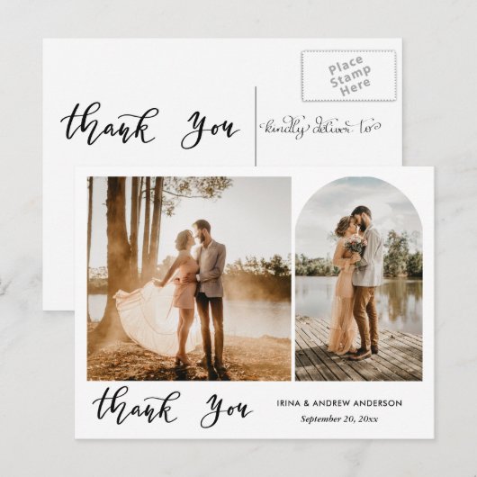 Moderne Dankeschön an Script Wedding Fotos Postkarte (Vorne/Hinten)