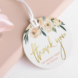 Moderne Dankeschön-Blumen in Goldschrift und rosaf Geschenkanhänger