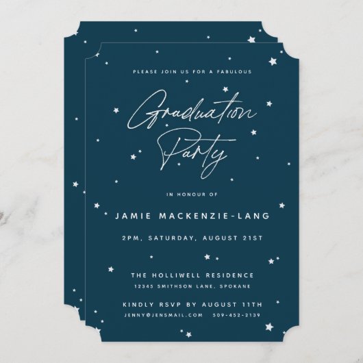Moderne Dark Aquamarin Script and Stars Graduation Einladung (Vorne/Hinten)