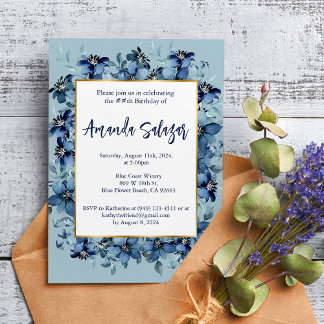Moderne Dark Blue Floral Geburtstagsparty Einladung