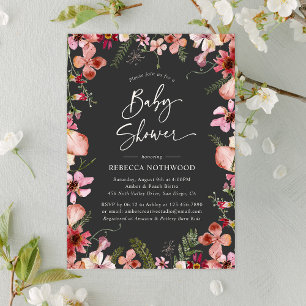 Moderne Dark Boho Chic Floral Girl Babydusche Einladung