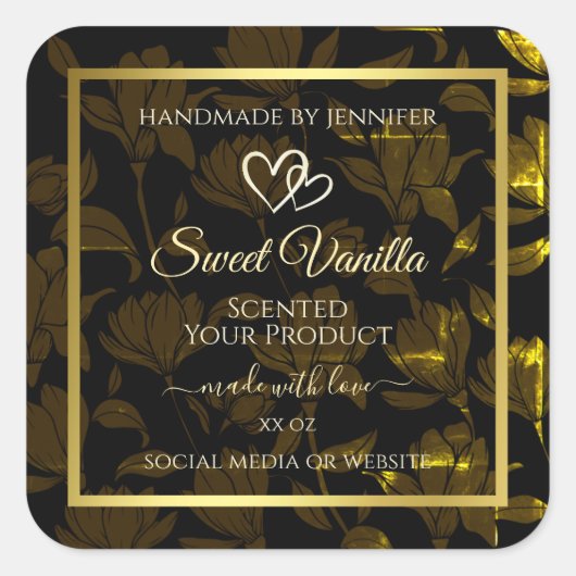 Moderne Dark Gold Floral Product Packaging Labels Quadratischer Aufkleber (Vorderseite)