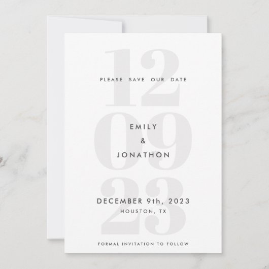Moderne Datumsnummer Typografie Grau Save The Date (Vorderseite)