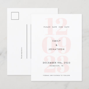 Moderne Datumsumzahl Typografie Save the Date rosa Ankündigungspostkarte