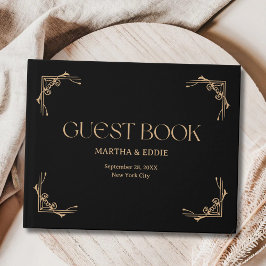 Moderne Deco | Elegante schwarze und goldene Hochz Gästebuch