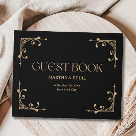 Moderne Deco | Elegante schwarze und goldene Hochz Gästebuch