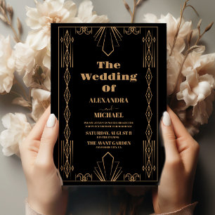 Moderne Deco-Eleganz: Schwarze Hochzeit mit Gold Einladung