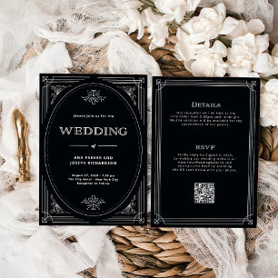 Moderne Deco-Onyx-Schwarz-Hochzeit mit allem in ei Einladung