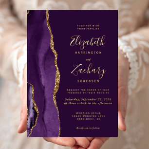 Moderne Deep Purple Gold Achat Hochzeit Folieneinladung