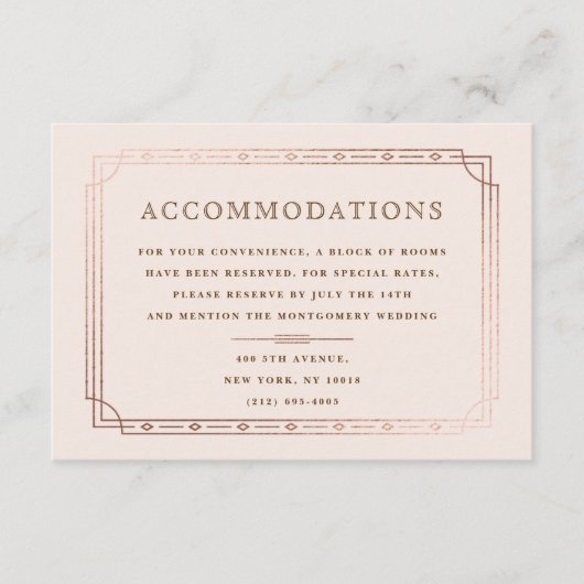 Moderne Deko Blush Rose Gold Hochzeitsunterkünfte Begleitkarte (Vorderseite)