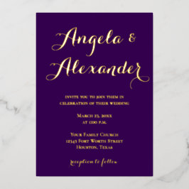 Moderne dekorative Kalligrafie Dunkle Lila Hochzei Folieneinladung