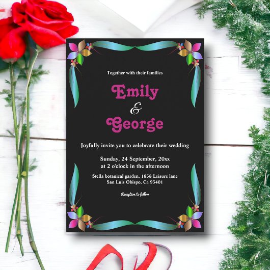 Moderne dekorative Schwarz-Chic-Blumenhochzeit Einladung