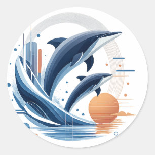 Moderne Delfin-Welle – Futuristische Ozeankunst Runder Aufkleber