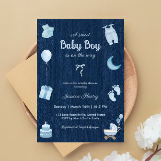 Moderne Denim Baby Boy Babydusche Einladung