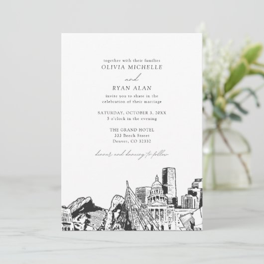 Moderne Denver Skyline Black & White Wedding Einladung (Stehend Vorderseite)