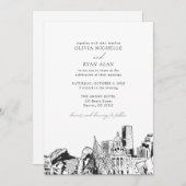 Moderne Denver Skyline Black & White Wedding Einladung (Vorne/Hinten)