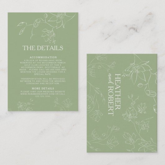 Moderne Details zur botanischen Hochzeit mit grüne Begleitkarte (Vorne/Hinten)