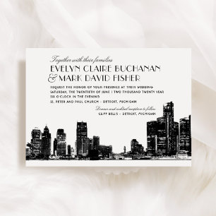 Moderne Detroit-Skyline-Hochzeit in Schwarz-Weiß Einladung