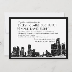 Moderne Detroit-Skyline-Hochzeit in Schwarz-Weiß Einladung