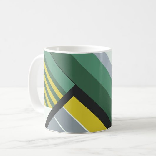 Moderne Diagonalstreifen in Grün, Gelb und Grau Kaffeetasse (Vorderseite Links)