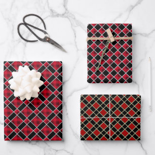 Moderne Diamant kariert in Schwarz und Rot Geschenkpapier Set