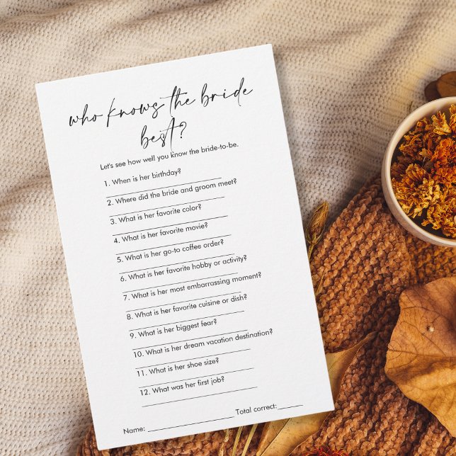 Moderne, die das Bride Best Brautparty Game kennen (modern minimalist black and white "who knows the bride best" bridal shower game)