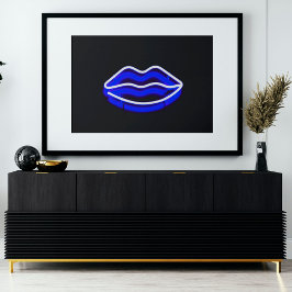 Moderne digitale Kunst | Blue Neon Wall Light Lips Poster