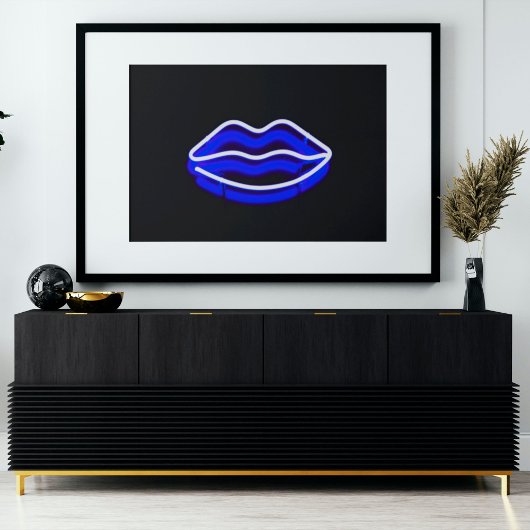 Moderne digitale Kunst | Blue Neon Wall Light Lips Poster