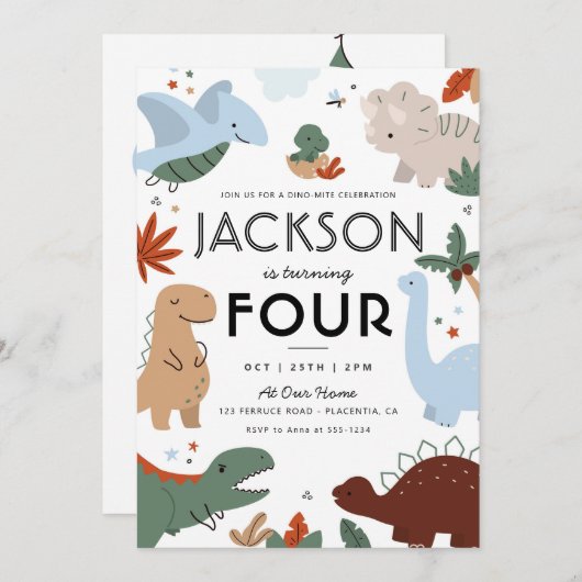 Moderne Dinosaurier Geburtstagsparty Einladung (Vorne/Hinten)