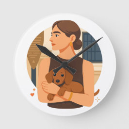 Moderne Dog Mom Ästhetik mit süßem Welpen Runde Wanduhr
