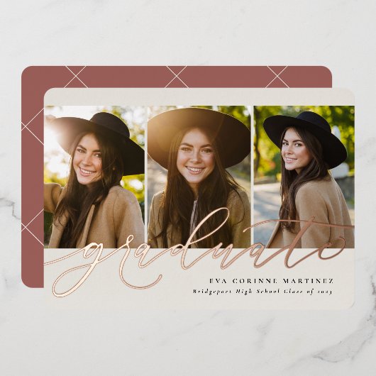 Moderne Doktorarbeit Rose 3 Foto Abschluss Folieneinladung (Vorderseite/Rückseite)