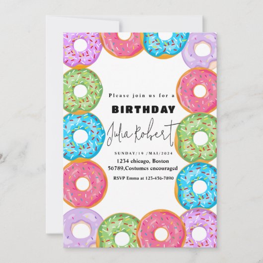 Moderne Donuts backen farbenfrohe Creme BIRTHDAY Einladung (Vorderseite)