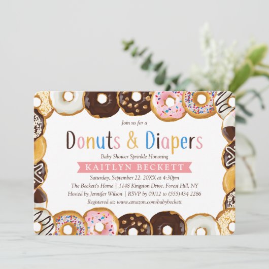 Moderne Donuts & Diapers Kinderdusche Sprinkle Einladung (Stehend Vorderseite)