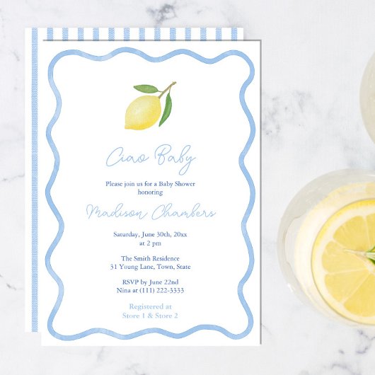 Moderne Doodle Blue Border Lemon Baby Boy Dusche Einladung