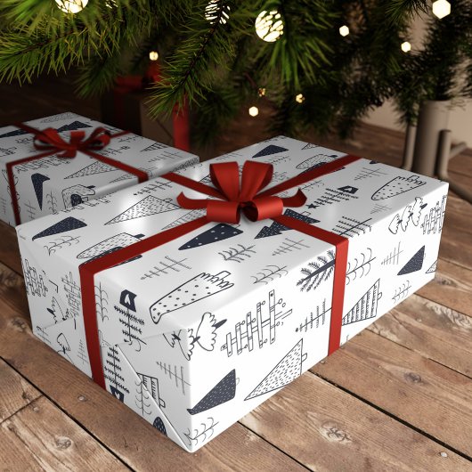 Moderne Doodle Weihnachten Wild Forest Pine Trees Geschenkpapier