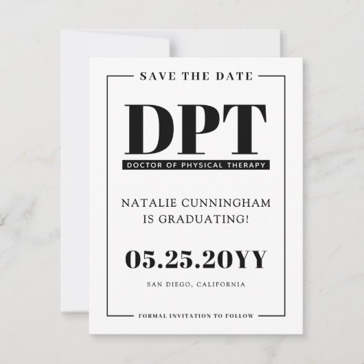 Moderne DPT Abschluss Save the Date Card Ankündigung (Vorderseite)