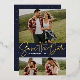 Moderne Drehbuch drei Foto Marine Save the Date Folieneinladung