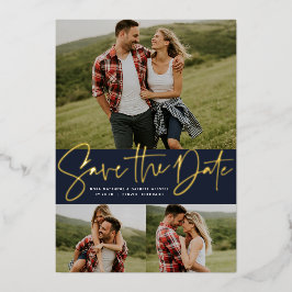 Moderne Drehbuch drei Foto Marine Save the Date Folieneinladung